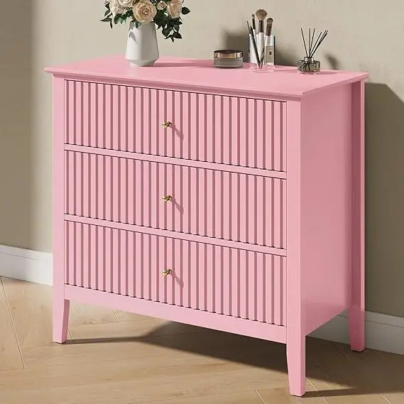Green Fluted 3 Drawer Modern Dresser Nightstand – 32 Inch Wide Wood Chest of Drawers