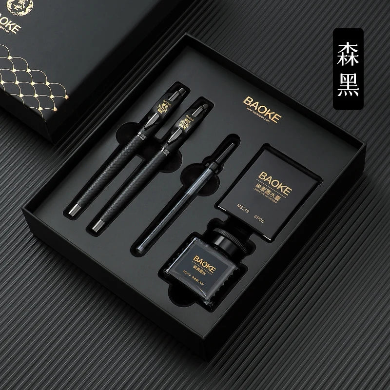 BAOKE T18/T19/T20 Black & Grey Fountain Pen Gift Set with Ink Bottle and 6 Cartridges – Stainless Steel Nib Metal Office Pen