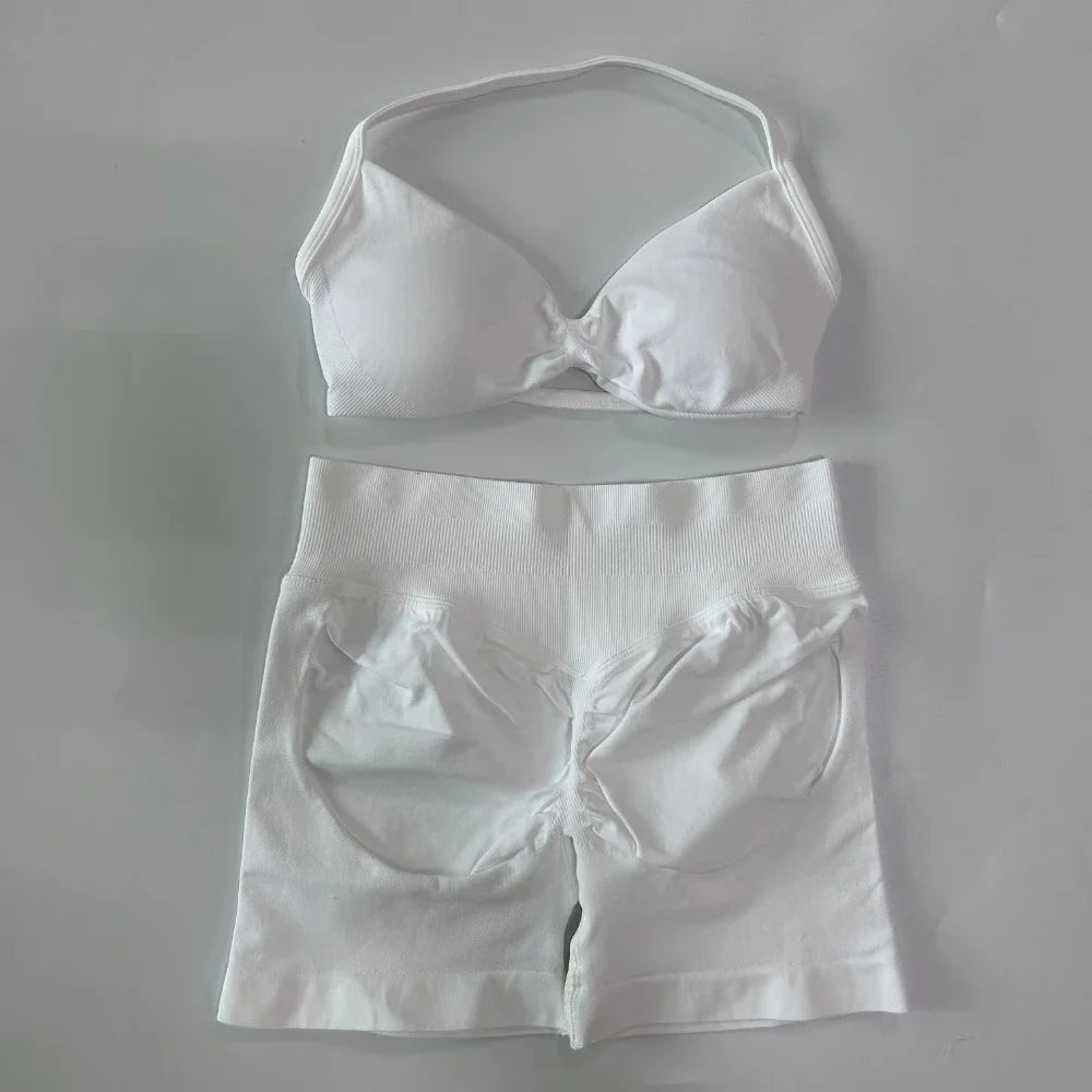 Women’s 2-Piece Seamless Gym Set – Strappy Yoga Bra & High-Waist Scrunch Shorts Workout Suit