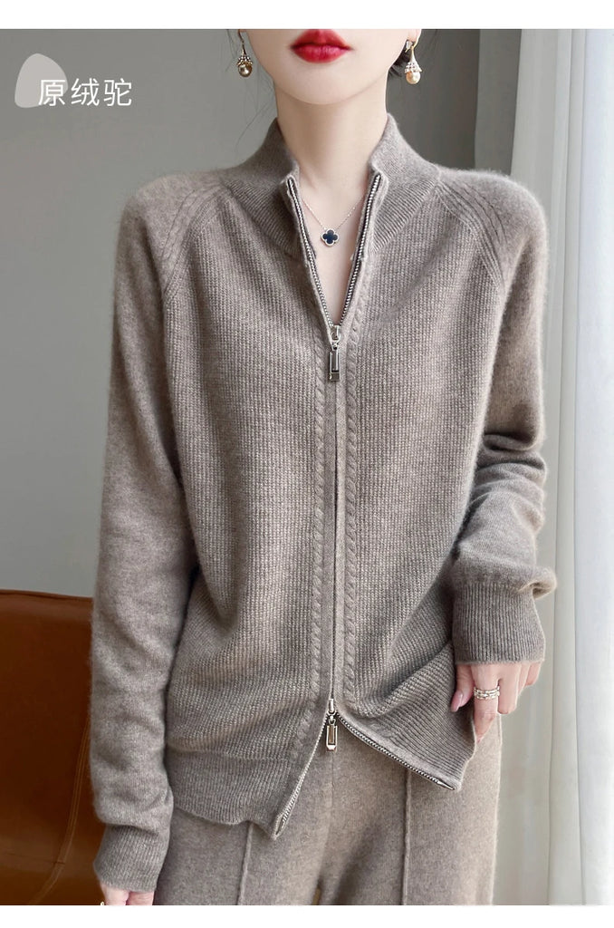 100% Wool Women’s Zipper Turtleneck Sweater – Casual Loose Knit Cardigan for Autumn/Winter