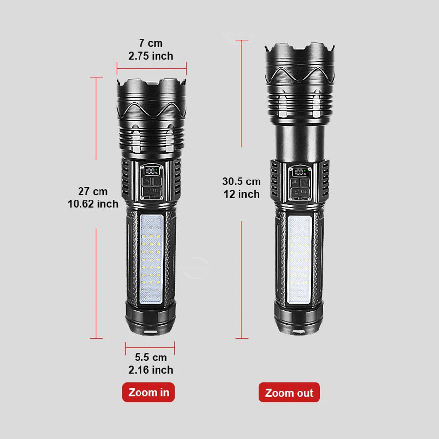 UltraBright™ 1500W Rechargeable LED Flashlight – 6,000M Long Range Tactical Torch (Built-in Power Bank)