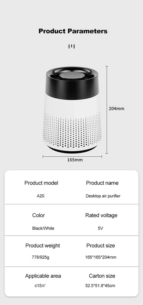 Desktop Air Purifier with Negative Ions, Formaldehyde Removal, Air Quality Detector & Night Light