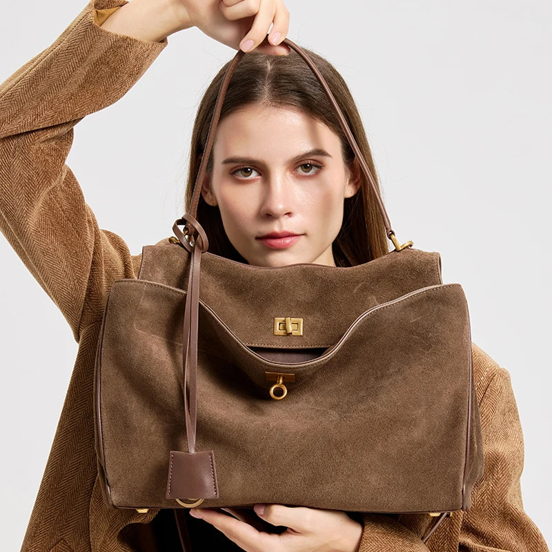 Women’s Genuine Suede Leather Large Capacity Shoulder Tote Bag Luxury Casual Handbag