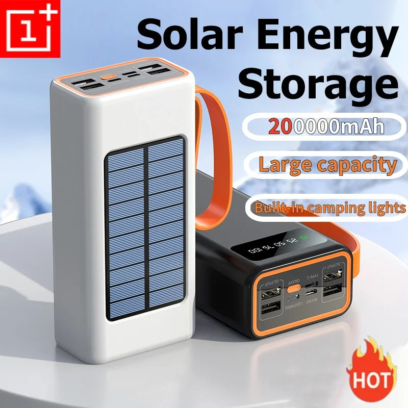 ONEPLUS 200,000mAh Solar Power Bank – Built-in Cables, LED Light, Fast Charging, High-Capacity External Battery