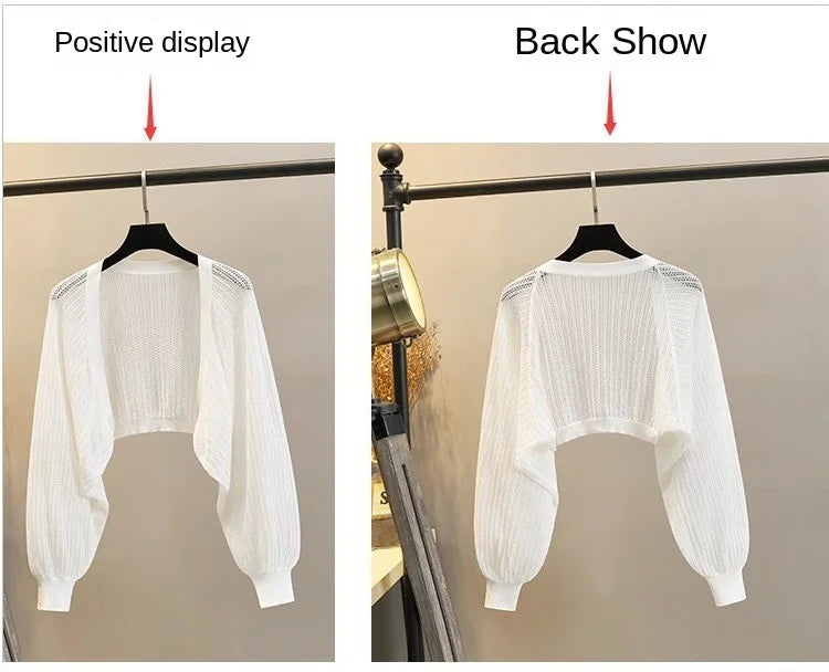 Lantern Sleeve Ice Silk Knitted Cardigan for Women – Summer Thin Loose Fit Outerwear with Slip Dress Sun Protection