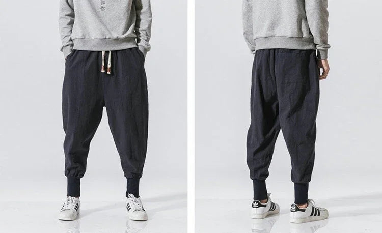Men’s Cotton Linen Harem Pants – Baggy Streetwear Joggers with Elastic Waist