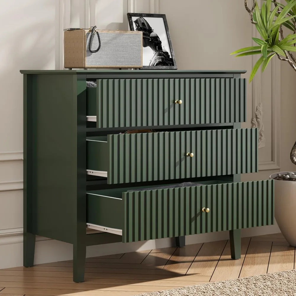 Green Fluted 3 Drawer Modern Dresser Nightstand – 32 Inch Wide Wood Chest of Drawers