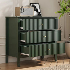 Green Fluted 3 Drawer Modern Dresser Nightstand – 32 Inch Wide Wood Chest of Drawers