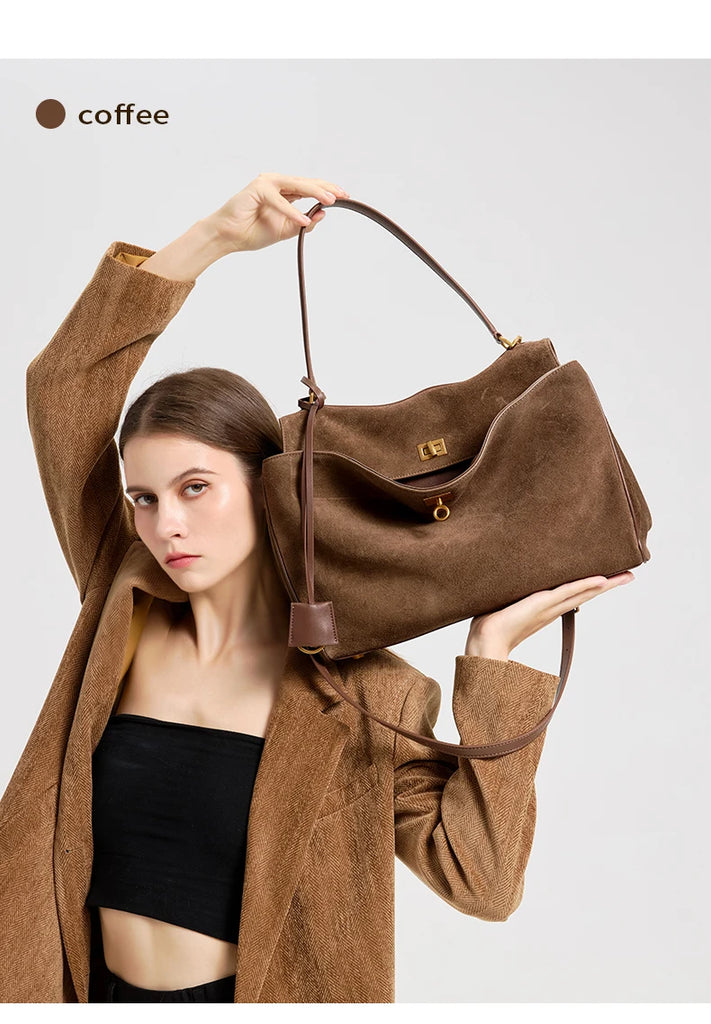 Women’s Genuine Suede Leather Large Capacity Shoulder Tote Bag Luxury Casual Handbag