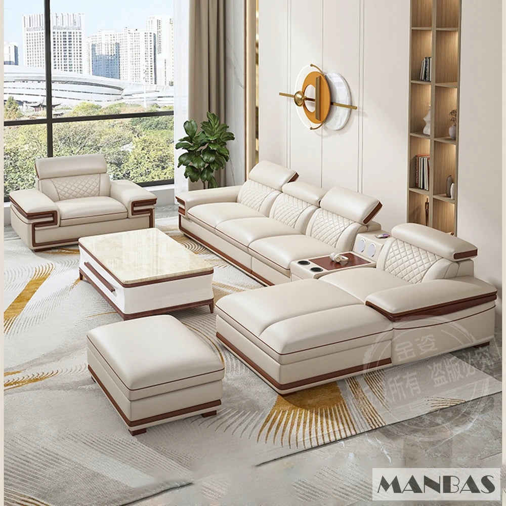 MINGDIBAO Italian Genuine Leather L-Shaped Sofa Set with Adjustable Headrests, Bluetooth Speaker & Wireless Charging