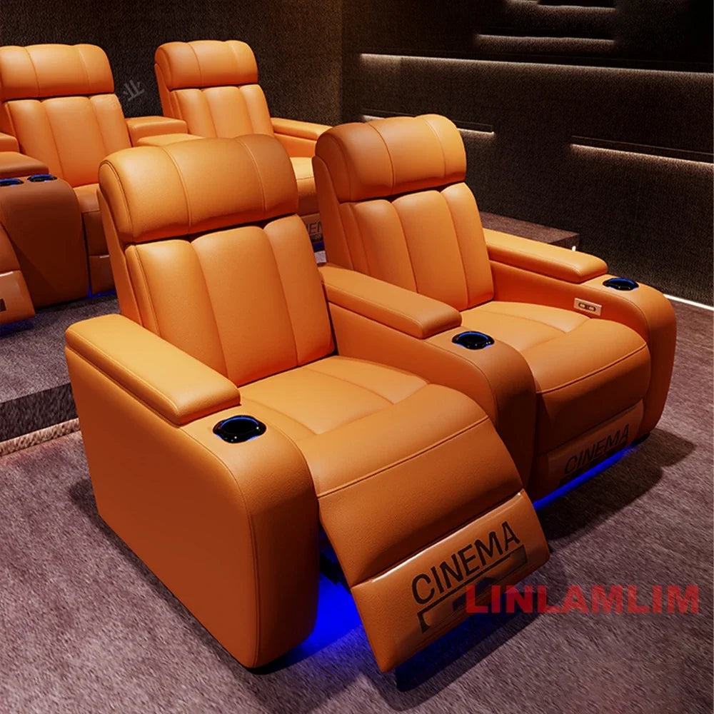 MINGDIBAO Luxury Electric Recliner Cinema Chair with LED Lighting & Cup Holder – Genuine Leather Home Theater Seating