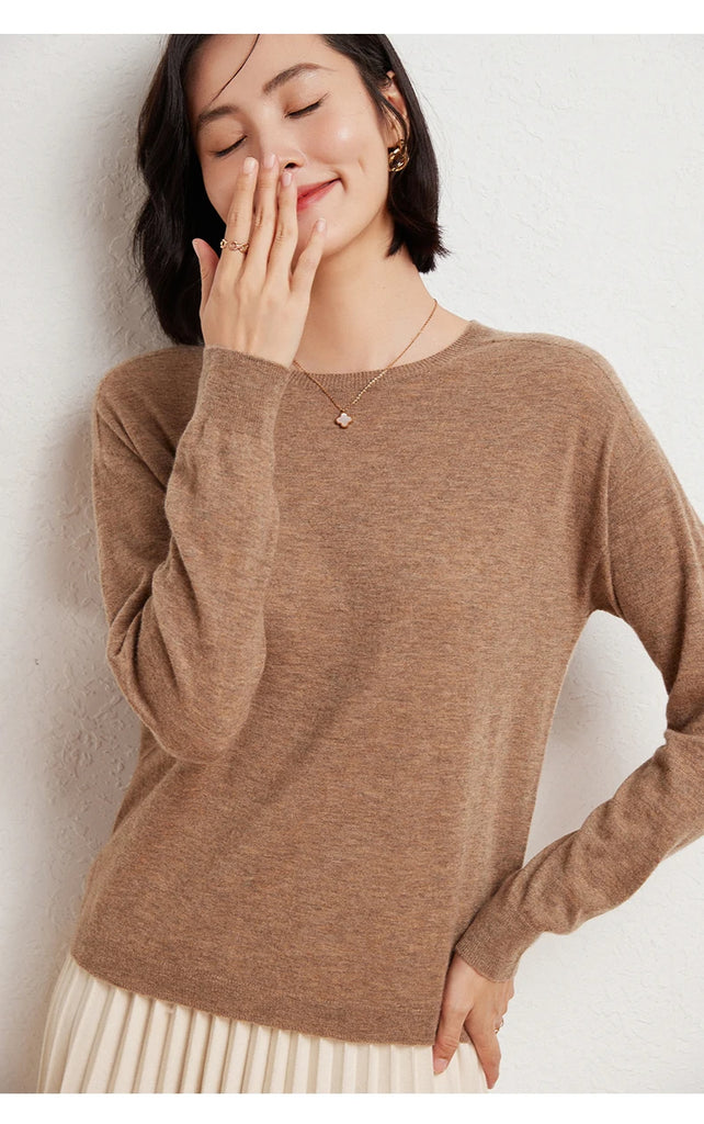 WinvyNee Women's 100% Wool Ribbed Crew Neck Sweater – Slim Fit Winter Knit Pullover