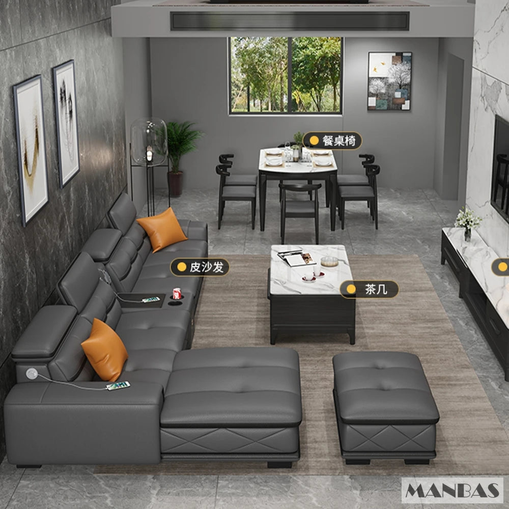 Modern Italian Genuine Leather Sectional Sofa with USB Charging & Bluetooth Speaker – MINGDIBAO Living Room Furniture