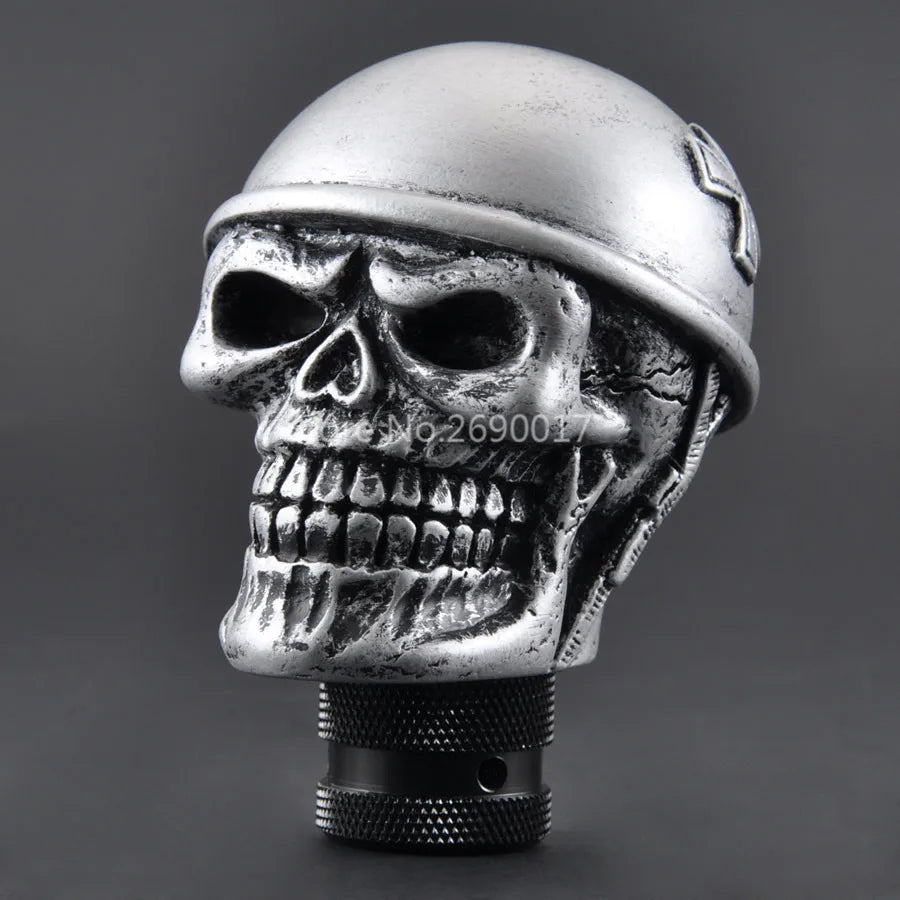 Silver Skull Helmet Universal Car Gear Shift Knob Lever – Heavy Resin & Metal Shifter for SUV, Truck, Coupe & Hatchback