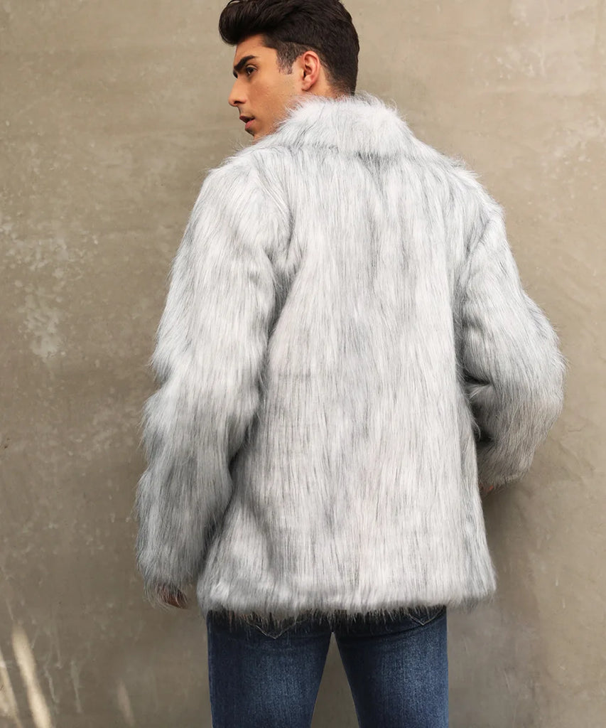 Men’s Faux Fox Fur Jacket Coat – Thick Shaggy Winter Outerwear