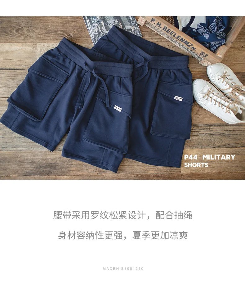 Maden Men’s Japanese P44 Knitted Cargo Shorts with Large Pockets – Summer Amekaji Workwear Shorts