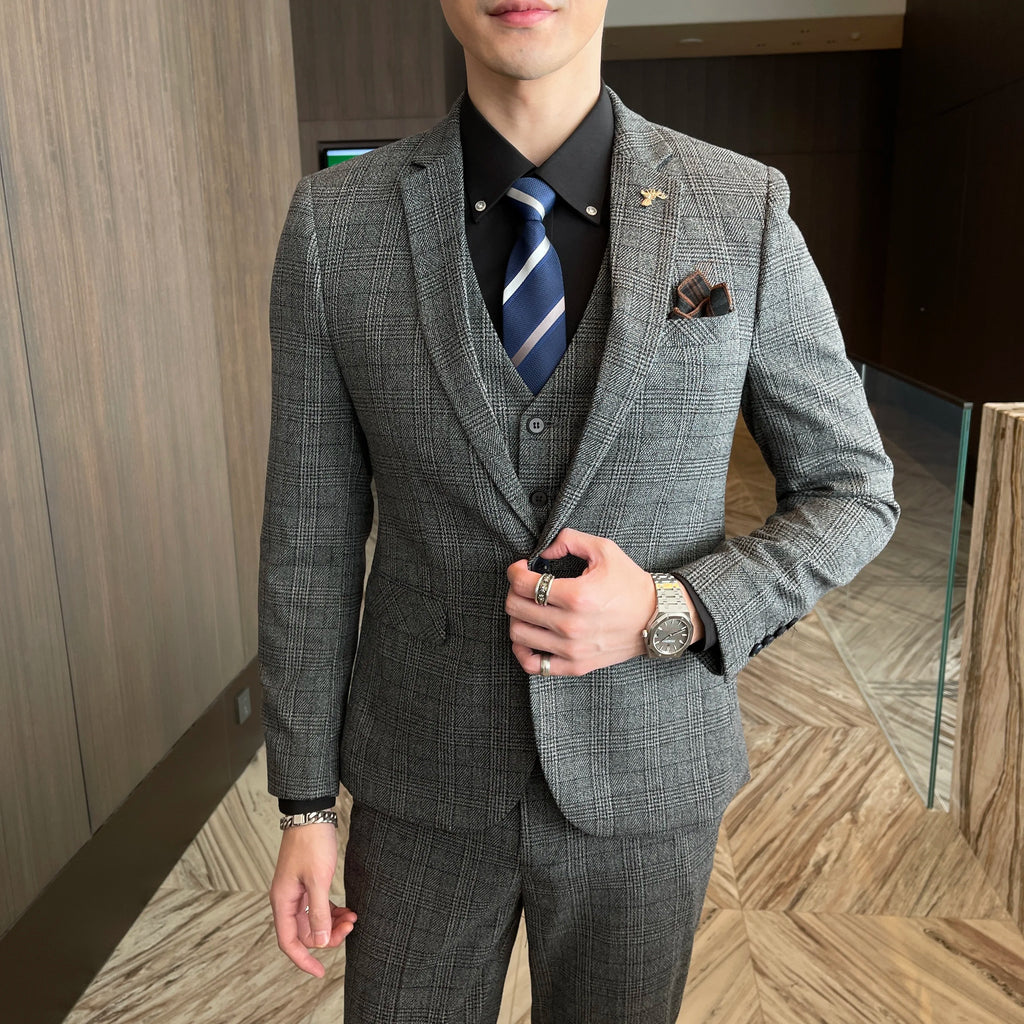 Men’s Modified Plaid Three-Piece Suit – Slim Fit England Style Vest & Trousers Set
