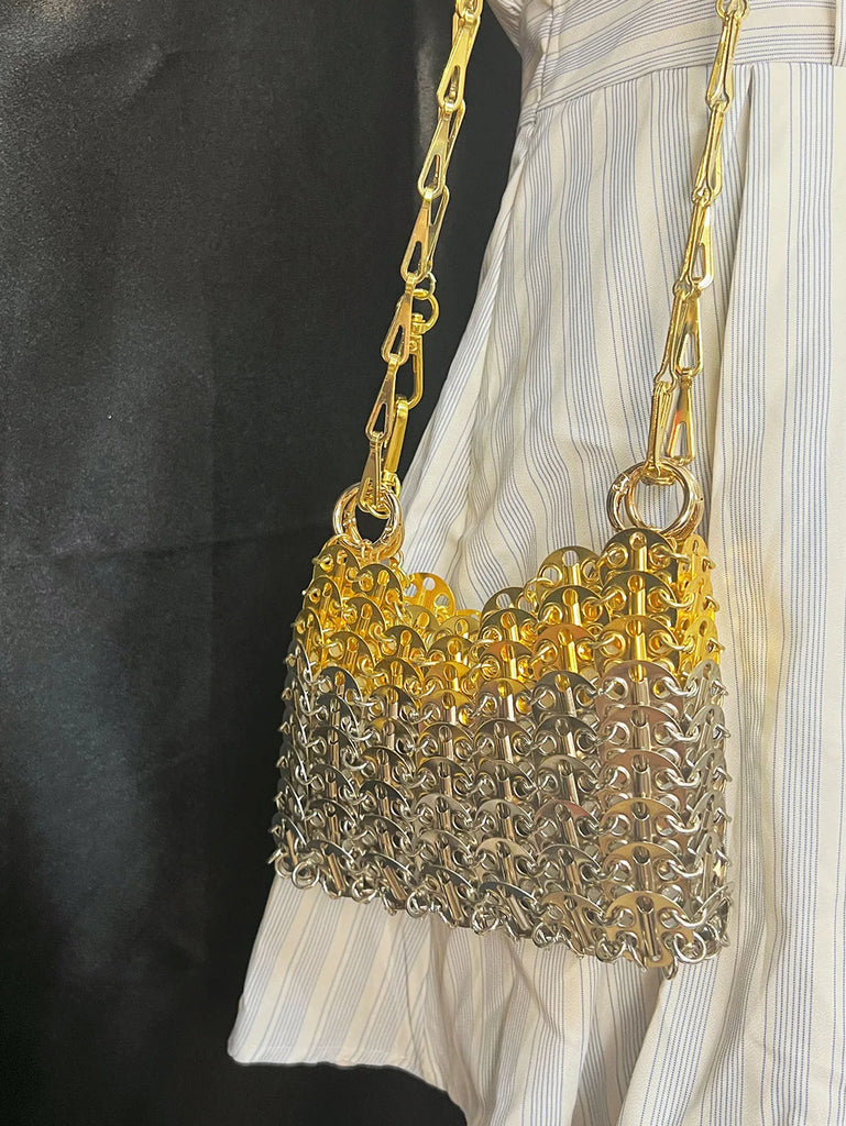 Silver Shiny Hand Woven Bead Sequin Crossbody Bag with Long Shoulder Strap for Women