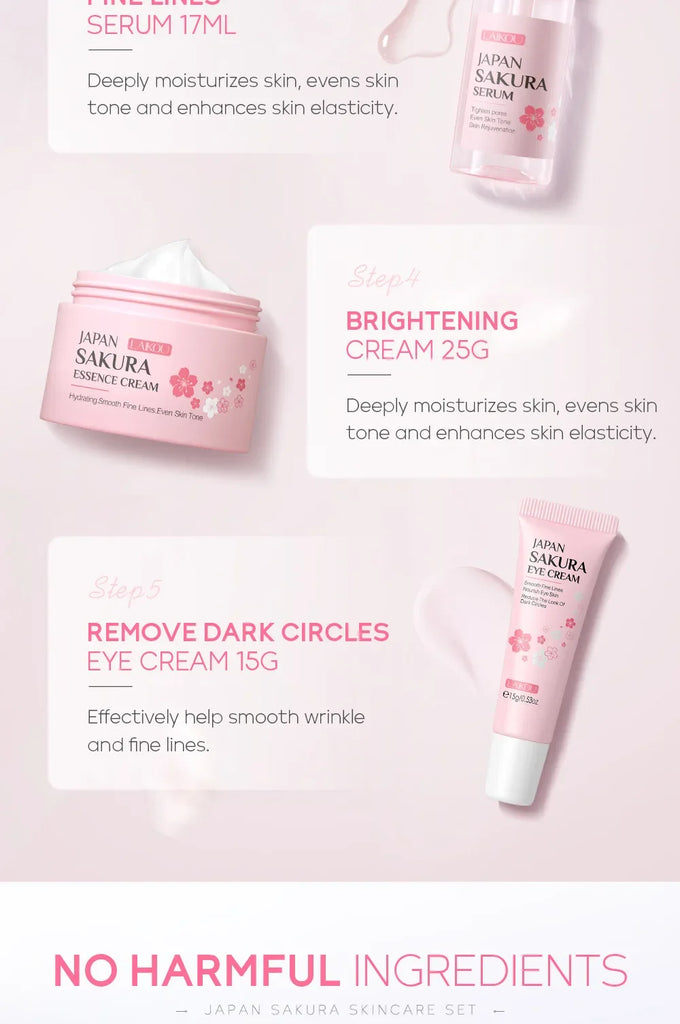 LAIKOU Sakura 5 Piece Skin Care Set Moisturizing Brightening Fine Line Reducing Facial Kit