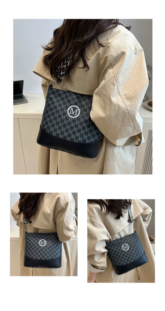 Retro M Letter Crossbody Handbag for Women – PU Leather Bucket Style Messenger Bag