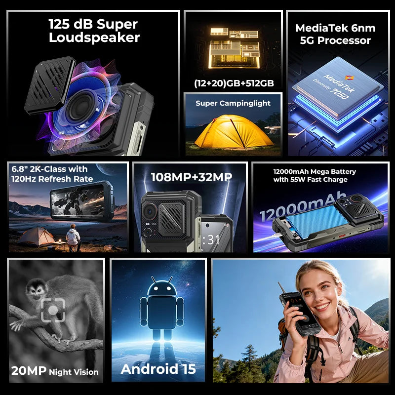 HOTWAV Hyper 8 Ultra Rugged Walkie-Talkie 5G Smartphone 12GB 512GB 12000mAh 108MP NFC Android 15