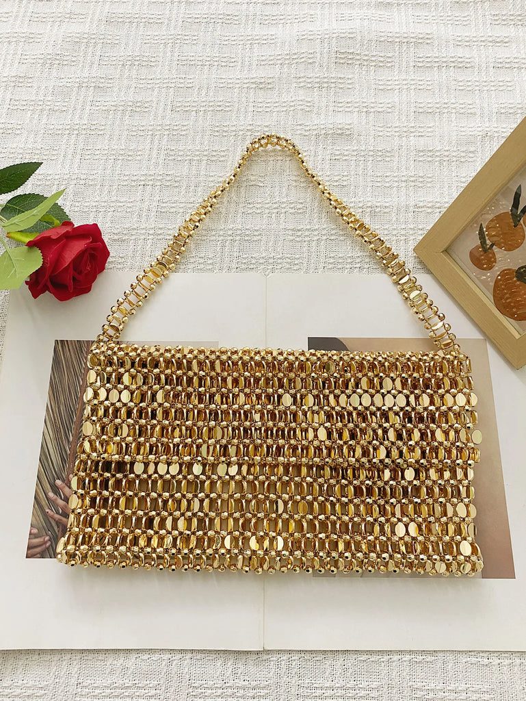 Retro Silver Sequin Metal Handwoven Shoulder Bag – High-End Women’s Square Handbag