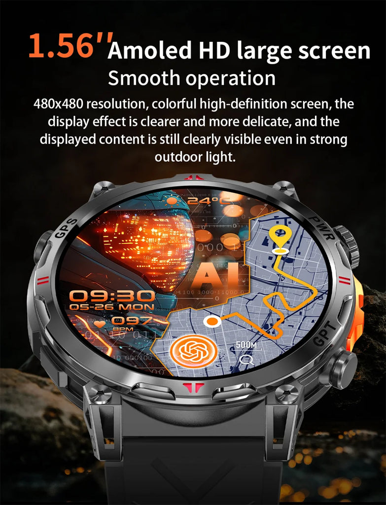 Outdoor Sports Smartwatch for Men – GPS, 1.56-inch AMOLED, 5ATM Waterproof, 650mAh Battery, Compass & HD Call