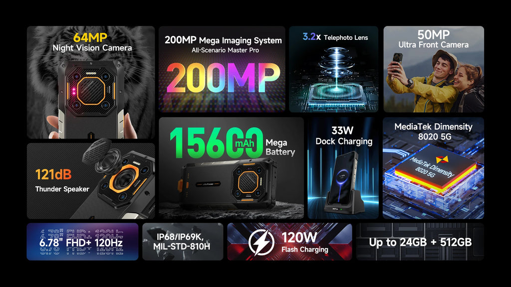 Ulefone Armor 26 Ultra 5G Rugged Waterproof Smartphone 120W Fast Charging 15600mAh 200MP+64MP Camera 24GB+512GB NFC