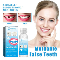 Moldable false teeth product with packaging, bottle, and before/after images on a white background.