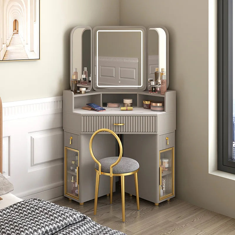 Luxury Solid Wood Corner Dressing Table with Mirror and Stool – Modern Minimalist Bedroom Furniture