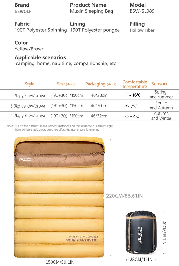 BSWOLF 2-Person Camping Sleeping Bag – Four Seasons, Portable & Warm