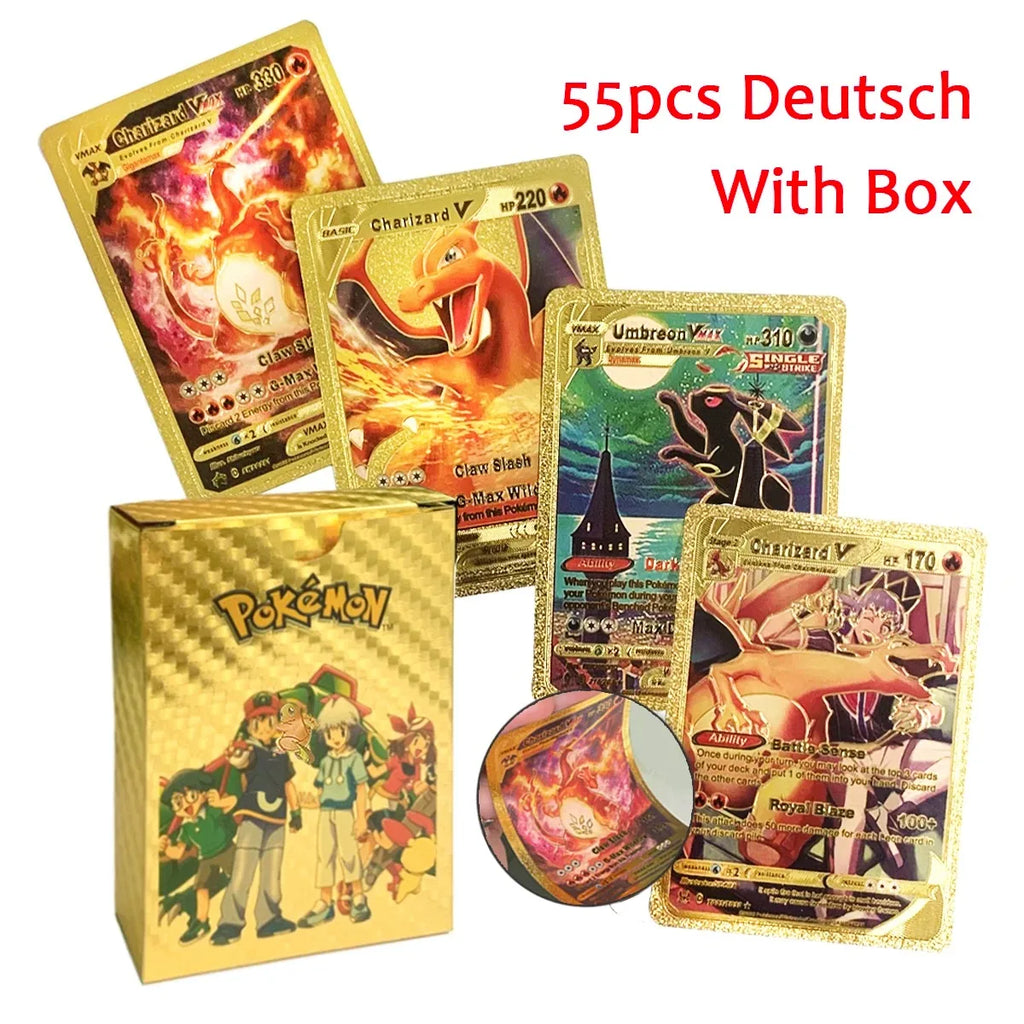 Pokemon VMAX & GX Gold Foil Flash Cards – Pikachu, Charizard, Multilingual Game Battle Collection