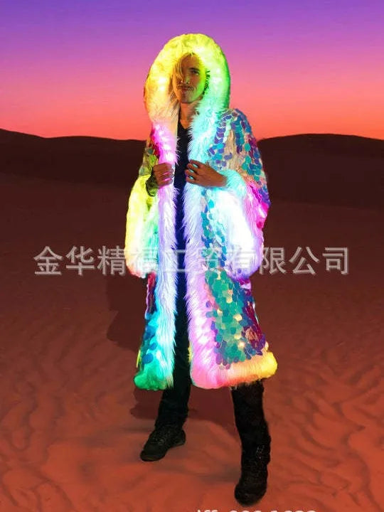 Men’s Faux Fur Long Coat with Sequins Hood – Fluffy Warm Winter Jacket for Party, Cosplay & Stage