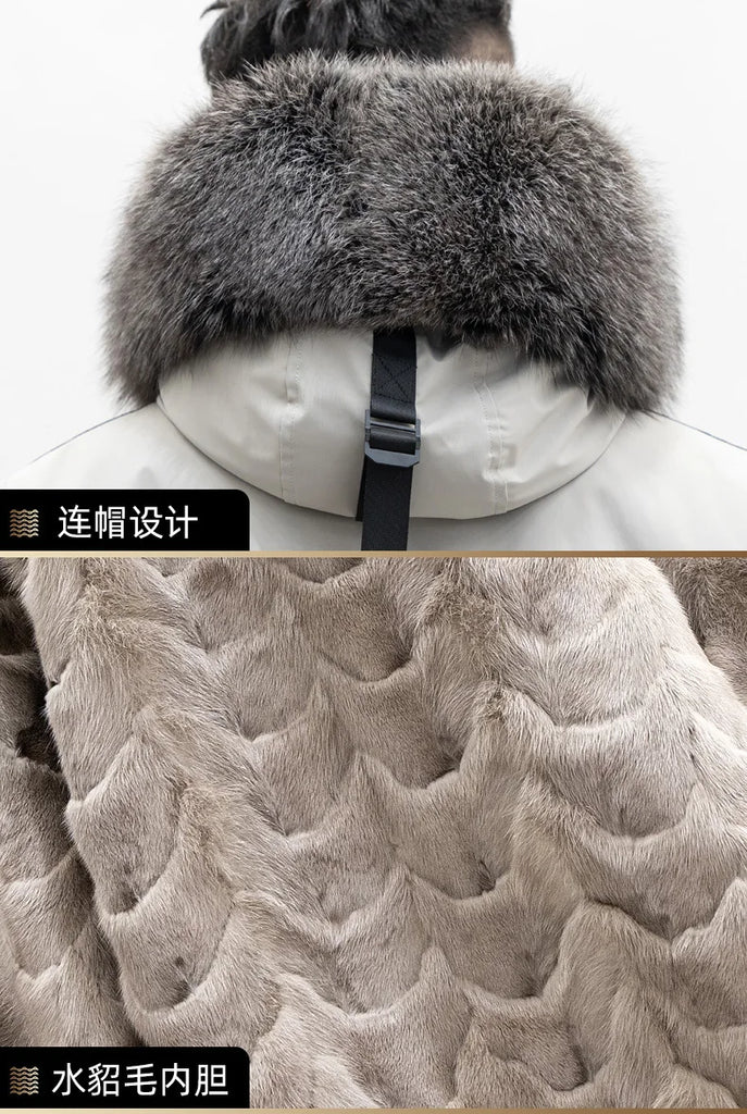 Real Mink Fur Inner Coat Men 90% Down 10% Feather Winter Mid-Length Jacket with Hood and Fox Fur Collar