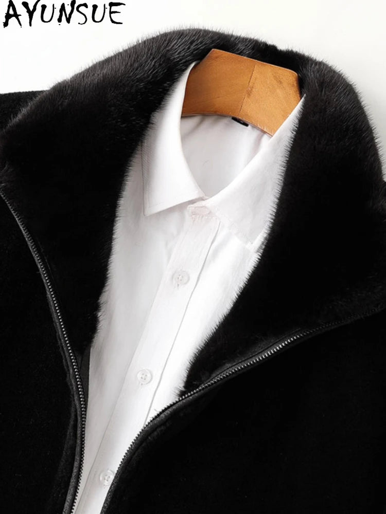 Men’s Winter Sheep Shearing Wool Jacket with Mink Fur Collar – Mid-Length Casual Coat