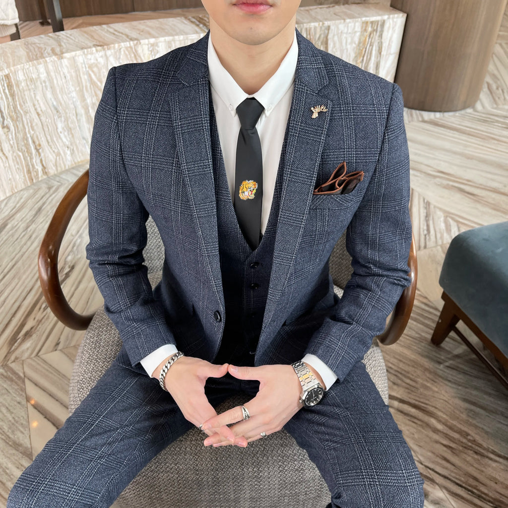 Men’s Modified Plaid Three-Piece Suit – Slim Fit England Style Vest & Trousers Set