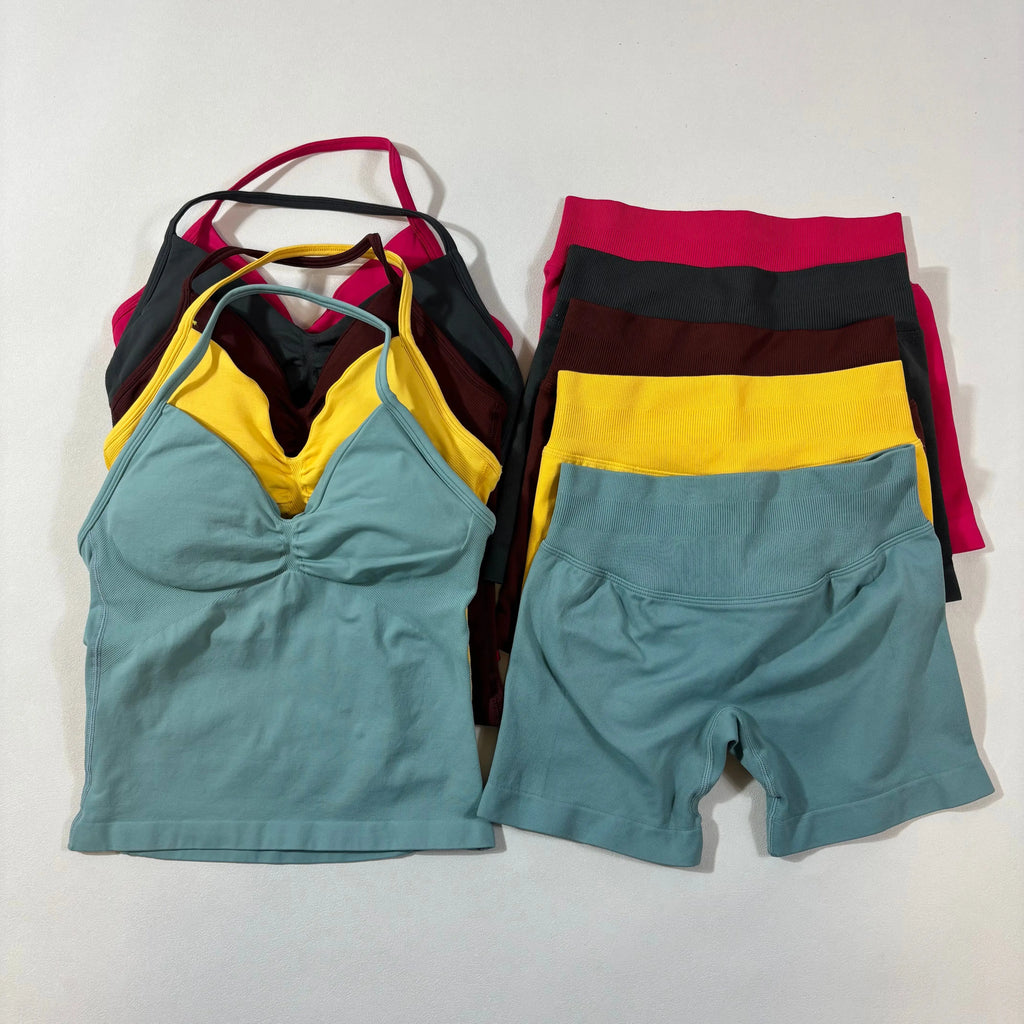 Women’s Seamless Yoga Gym Set – Backless Tank Top & High Waist Scrunch Shorts (2PCS)