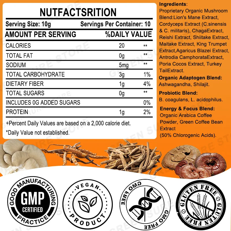 Mushroom Coffee With 11 Superfood Mushrooms including Lion's Mane, Reishi, Chaga, Cordyceps For Energy, Focus, Memory & Immunity