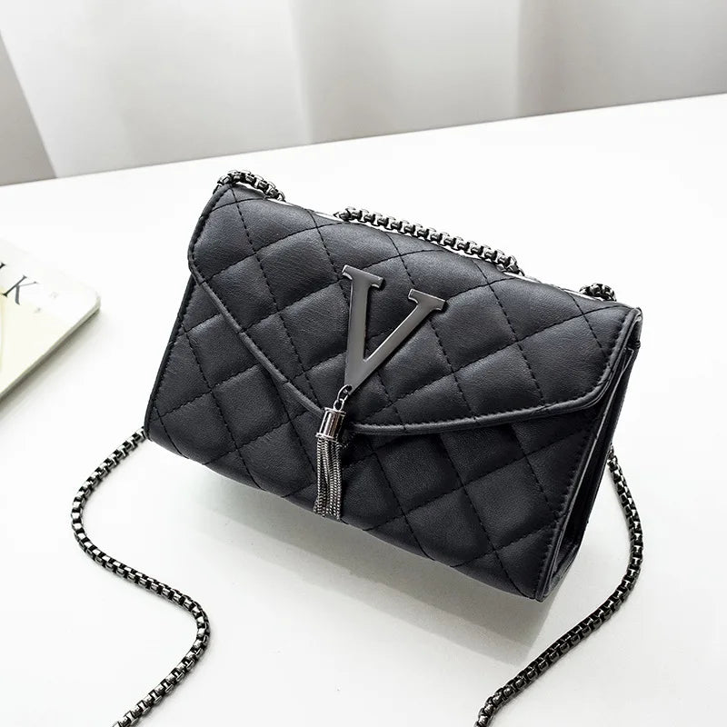Black Luxury Quilted PU Leather Shoulder & Crossbody Bag for Women – Plaid Tassel Messenger Handbag