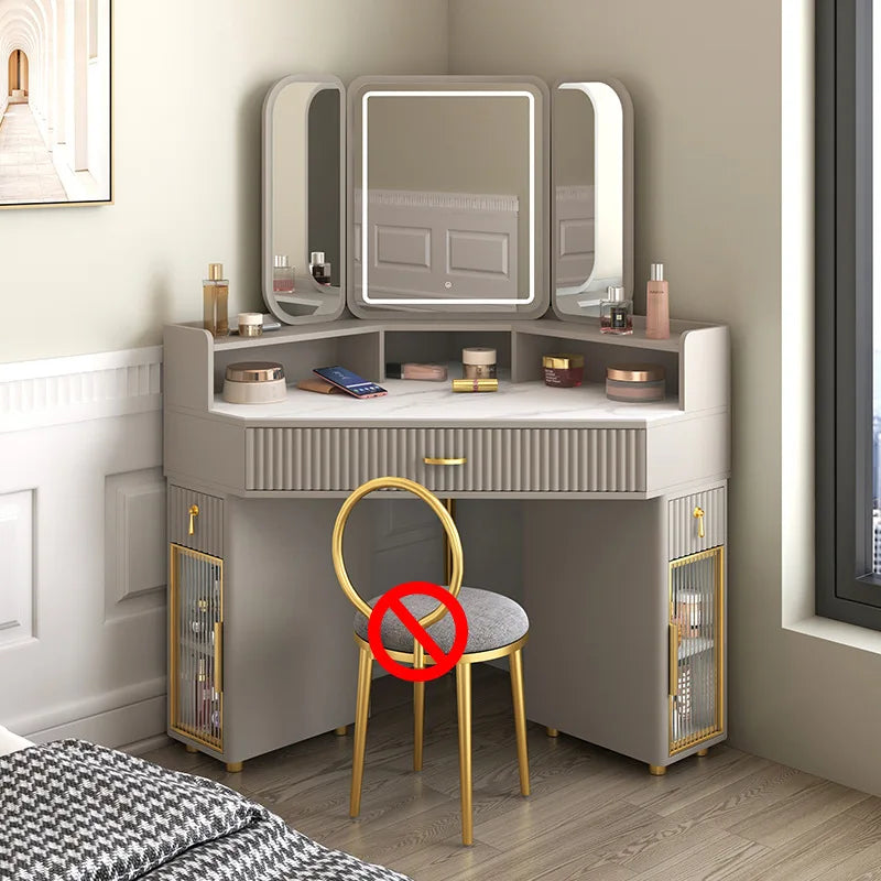 Luxury Solid Wood Corner Dressing Table with Mirror and Stool – Modern Minimalist Bedroom Furniture