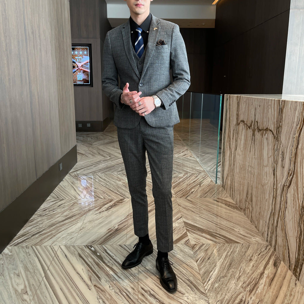 Men’s Modified Plaid Three-Piece Suit – Slim Fit England Style Vest & Trousers Set