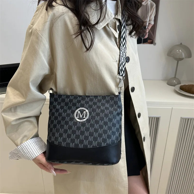 Retro M Letter Crossbody Handbag for Women – PU Leather Bucket Style Messenger Bag