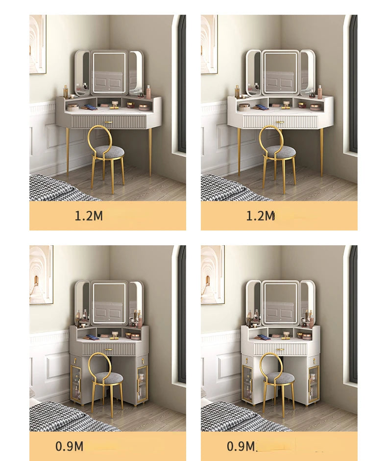 Luxury Solid Wood Corner Dressing Table with Mirror and Stool – Modern Minimalist Bedroom Furniture
