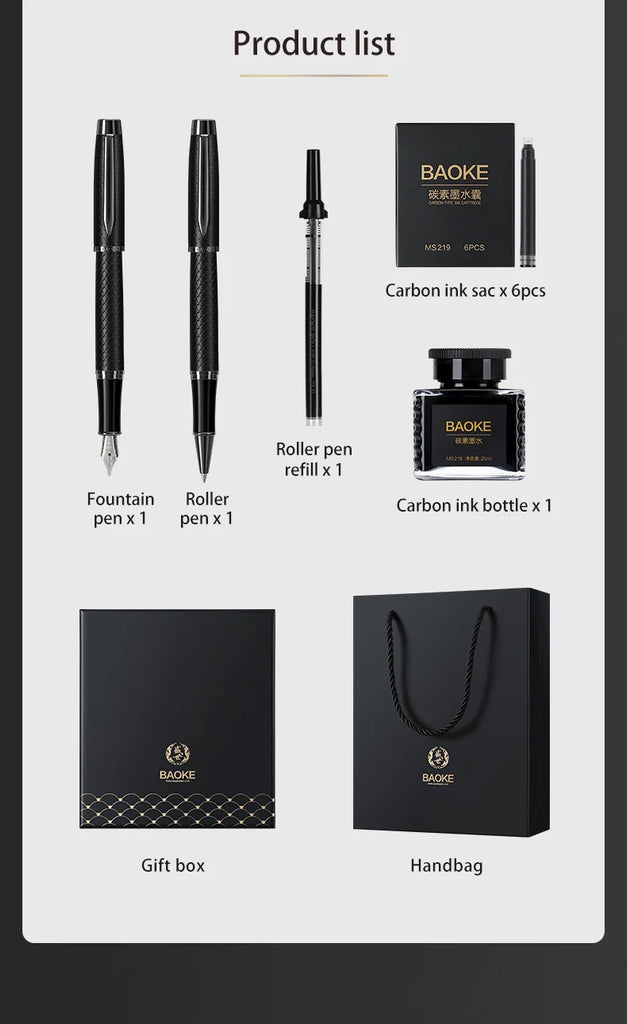 BAOKE T18/T19/T20 Black & Grey Fountain Pen Gift Set with Ink Bottle and 6 Cartridges – Stainless Steel Nib Metal Office Pen