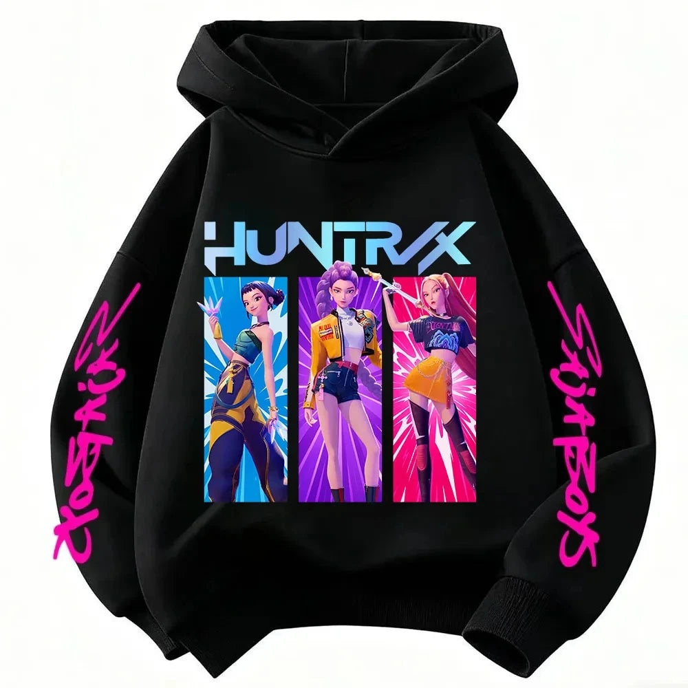 Cute Girls Hooded Sweatshirt KPop Demon Hunter Cartoon Casual Top – Purple & Pink