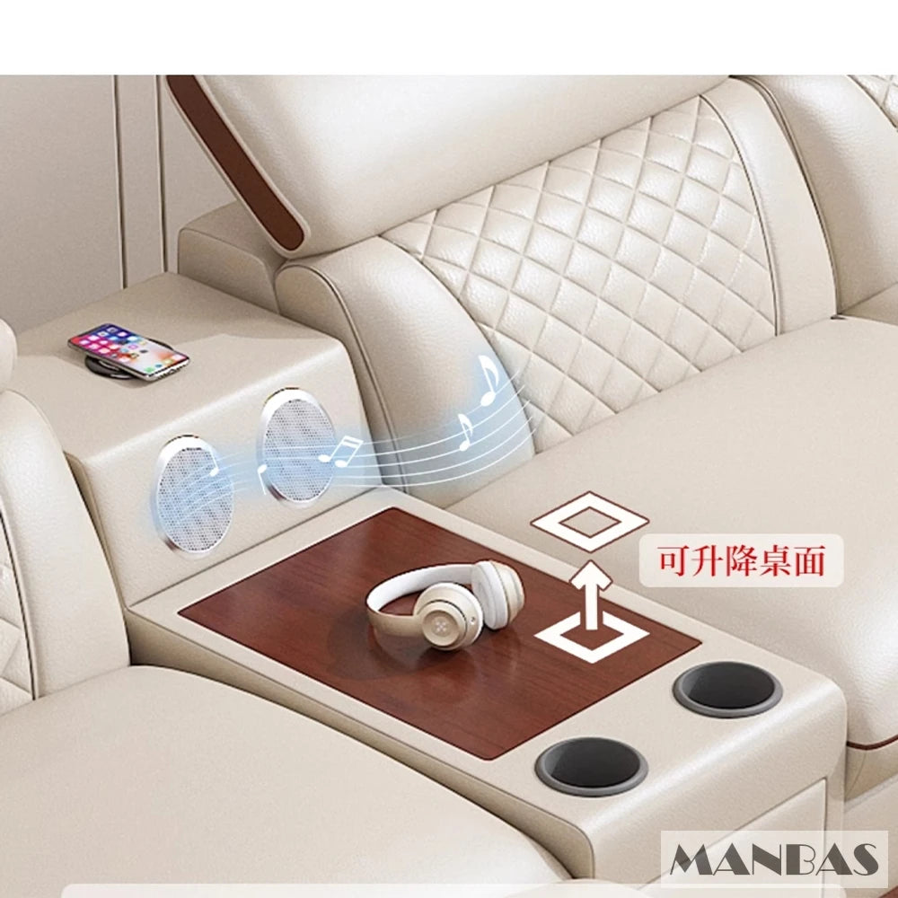 MINGDIBAO Italian Genuine Leather L-Shaped Sofa Set with Adjustable Headrests, Bluetooth Speaker & Wireless Charging