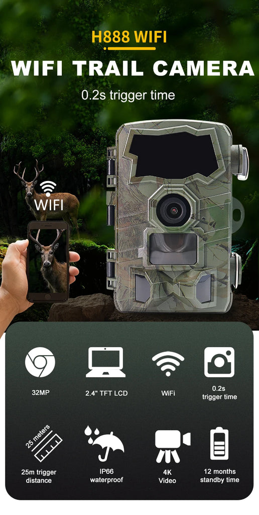 H888 WIFI Wildlife Trail Camera 32MP 4K Hunting Night Vision IP66 Waterproof Photo Trap