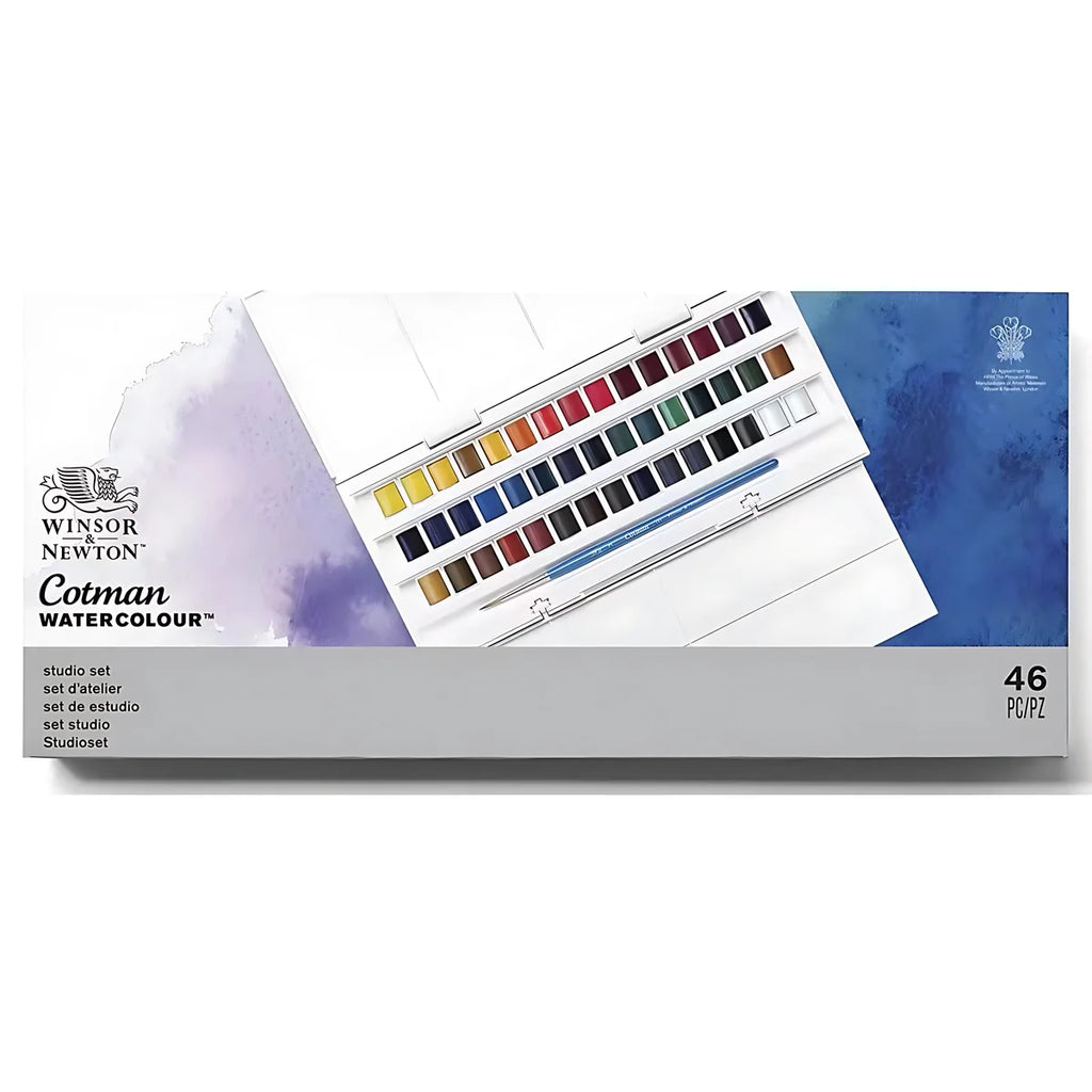 Winsor & Newton Cotman Solid Watercolor Paint Set 45 Piece Half Pan Set with Brush Portable Artist Ca