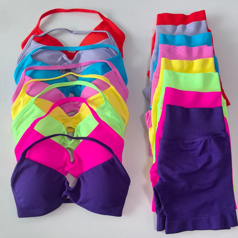 Women’s 2-Piece Seamless Gym Set – Strappy Yoga Bra & High-Waist Scrunch Shorts Workout Suit
