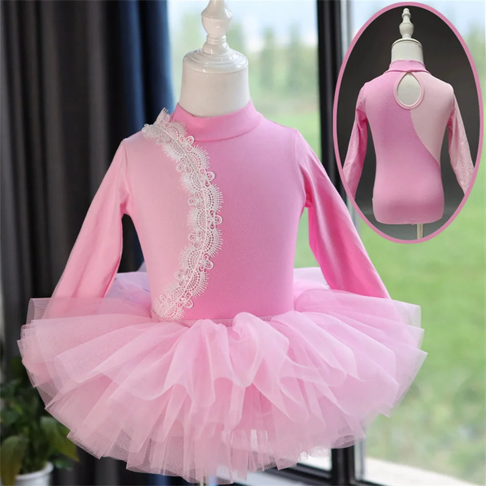 Girls Long Sleeve Ballet Dress Kids Ballet Leotard Tutu Skirt Gymnastics Dance Costume